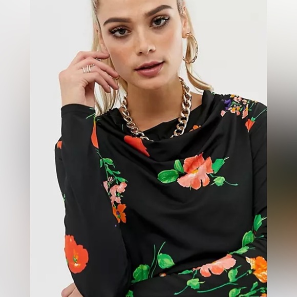 🌟ASOS DESIGN Long Sleeve Cowl Shift Mini Dress in Pansy Print🌟 - Picture 3 of 12